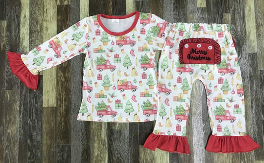 Ruffle Little Red Truck Christmas Long Sleeve Shirt and Pants Set