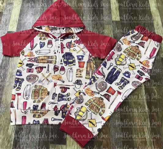 Firefighter Short Sleeve Hooded Shirt and Long Pants Set