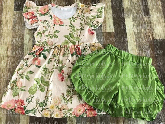 Green Floral Flutter Sleeve Shirt and Shorts
