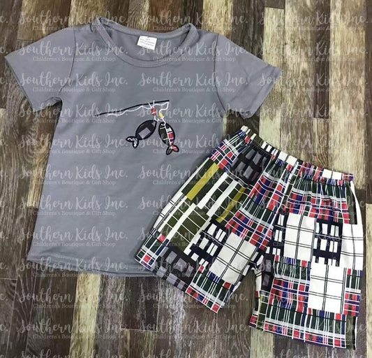Grey Fishing Short Sleeve Shirt and Plaid Shorts