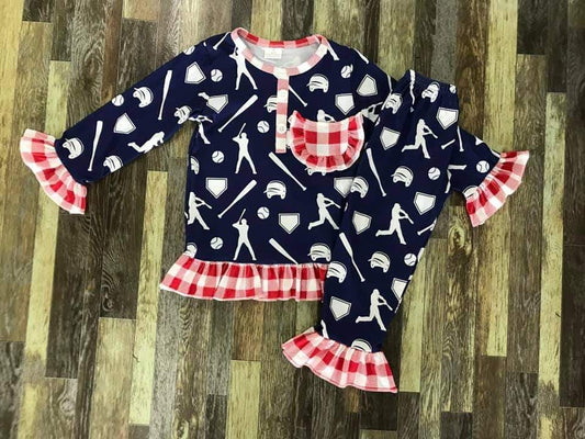 Navy Blue Baseball Ruffle Long Sleeve Shirt and Ruffle Bottom Pants