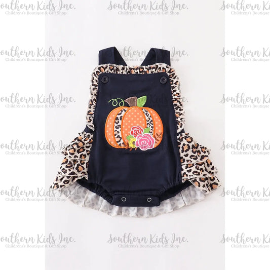 Navy Leopard Pumpkin Applique Girl Bubble