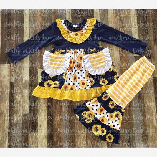 Navy and Yellow Sunflower Long Sleeve Shirt and Bell Bottoms