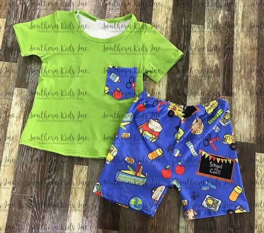Neon Green Short Sleeve Shirt with School Pocket and School Print Pants