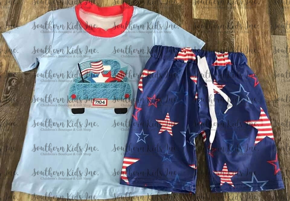Patriotic Truck Short Sleeve Shirt and Start Shorts Set