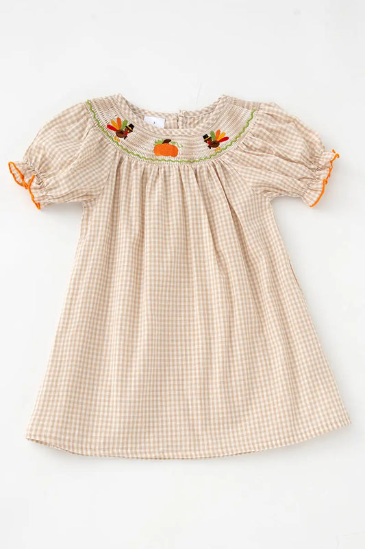 Plaid Turkey Pumpkin Smocked Puff Sleeve Dress