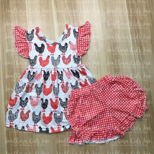 Red, White and Black Chicken Flutter Sleeve Shirt and Ruffle Bottom Shorts