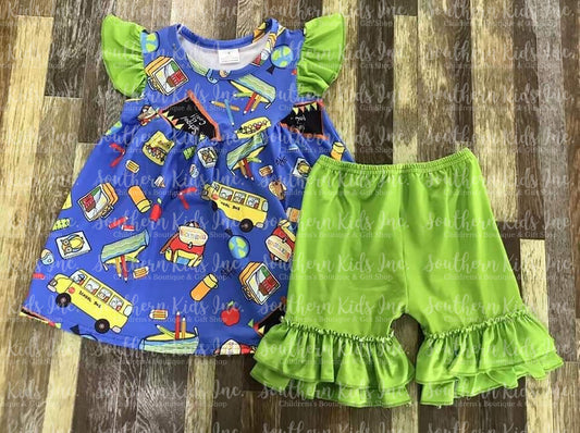 Schools Cool Flutter Sleeve Shirt and Green Ruffle Bottom Shorts