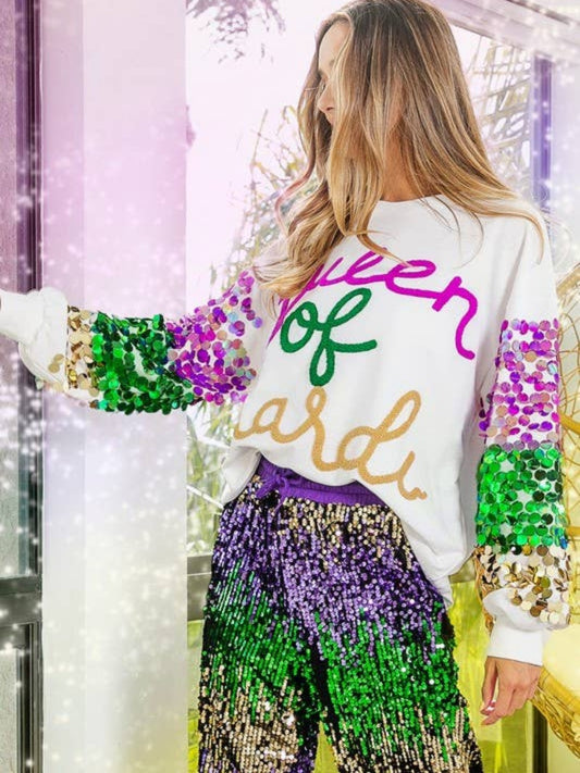 Mardi Gras Embroidered Spangle Sleeve Pullover Off-White