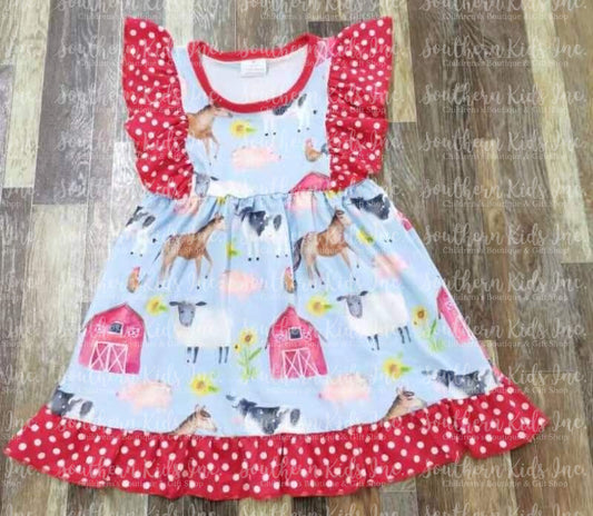 Sunflower and Farm Animal Red Polk a Dot Flutter Sleeve Dress