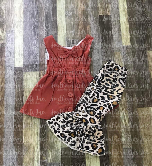 Terra Cotta Sleeveless Shirt and Tan Leopard Bell Bottom Pants