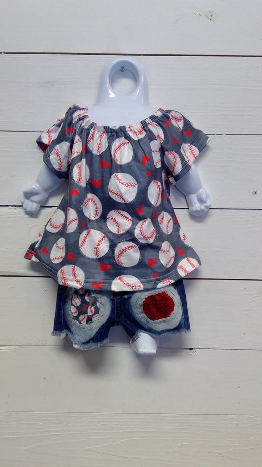 Baseball Hearts Gray Denim Short Set