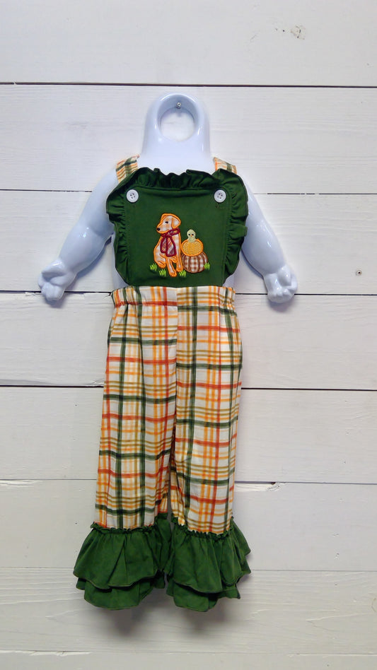 Orange Plaid with Dog Applique Girl Ruffle Bell Bottoms Jumper