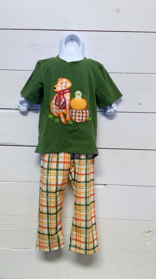 Orange Plaid with Dog Applique Boy Pants Set