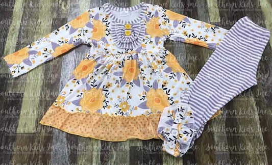 Yellow and Grey Floral Long Sleeve Shirt and Leggings