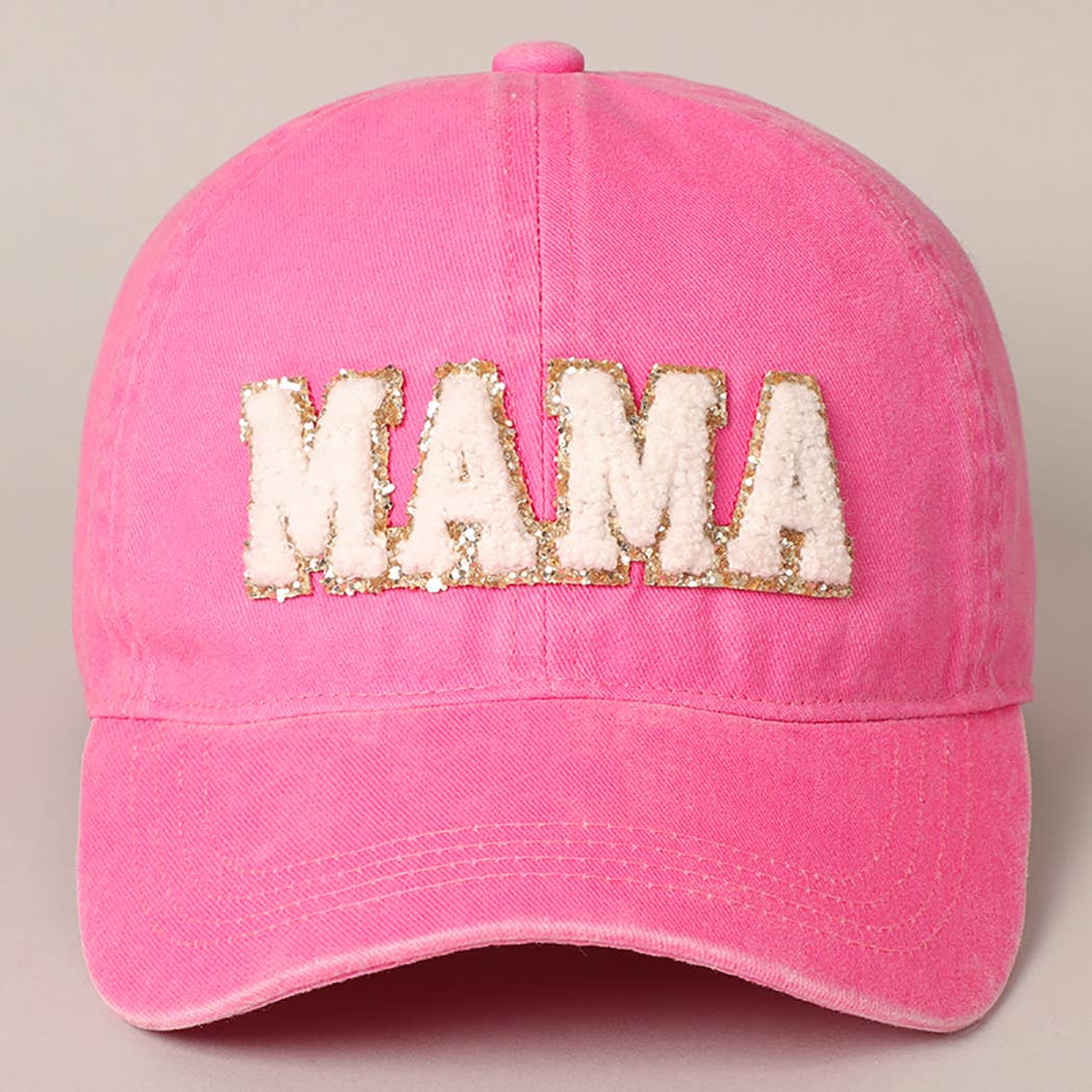 MAMA Chenille Letter Patch Cotton Baseball Cap- Hot Pink