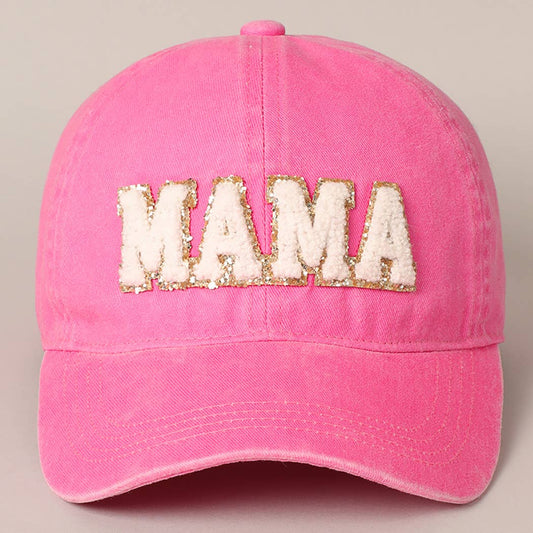 MAMA Chenille Letter Patch Cotton Baseball Cap- Hot Pink