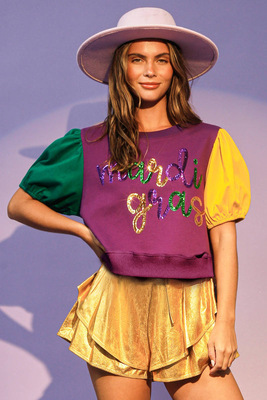 Color Block Sequin Mardi Gras Crop Top