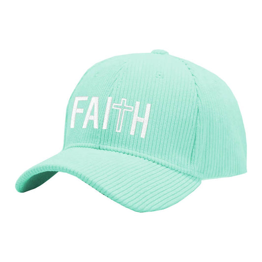 Faith Cross Embroidered Mint Corduroy Cap
