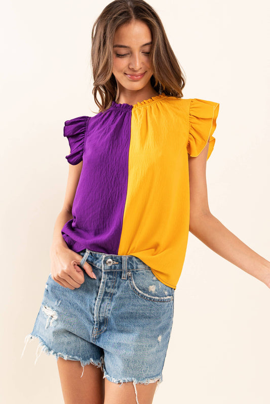Game Day Ruffle Sleeveless Woven Blouse Top Purple/Mustard