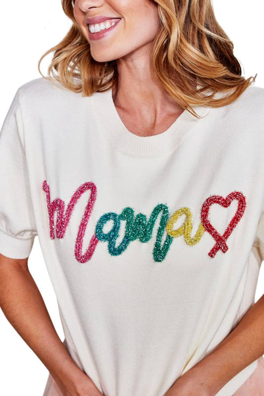 Multi Color Mama Metallic Letter Applique Knitted Top
