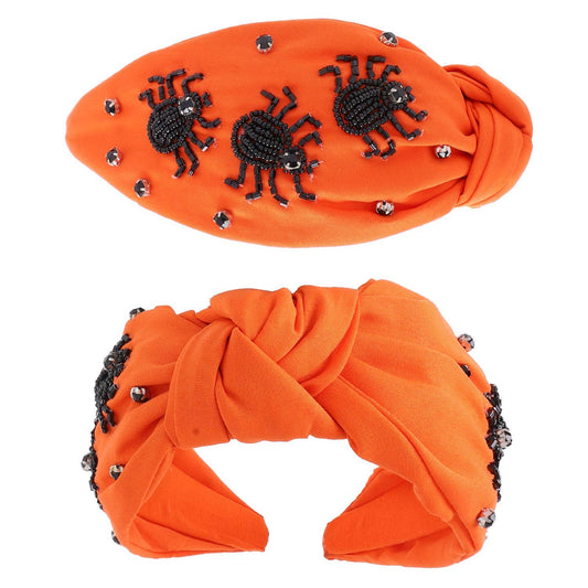 Beaded Spiders Rhinestone Jeweled Knotted Headband - Orange