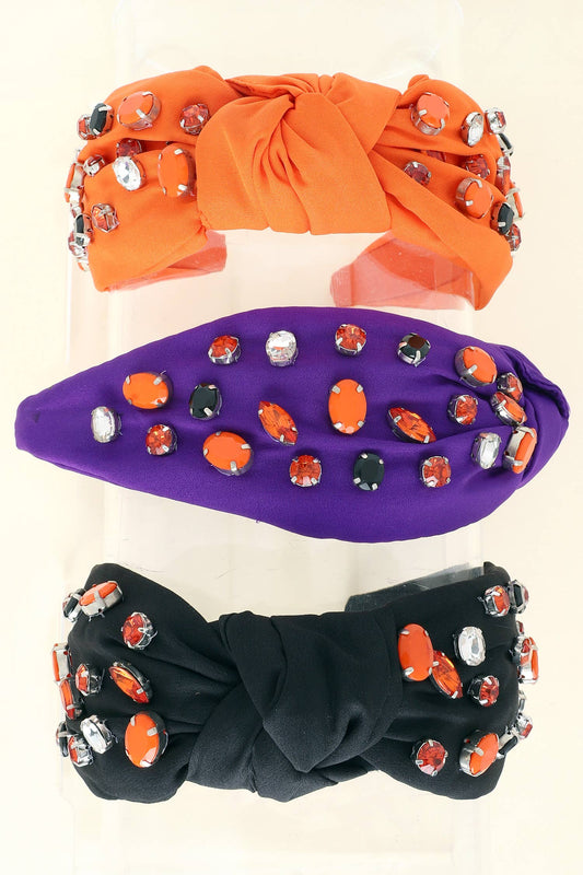 Halloween Tri Color Rhinestone Jeweled Knotted Headband - Black