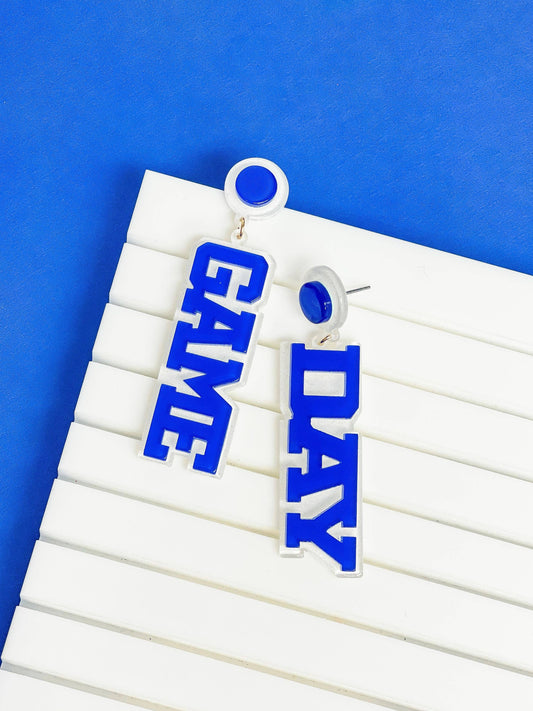 Game Day Statement Dangle Earrings - White & Blue