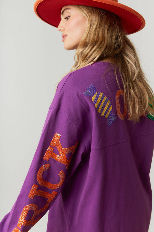 Loose Fit Top with Sequin Trick or Treat - Purple