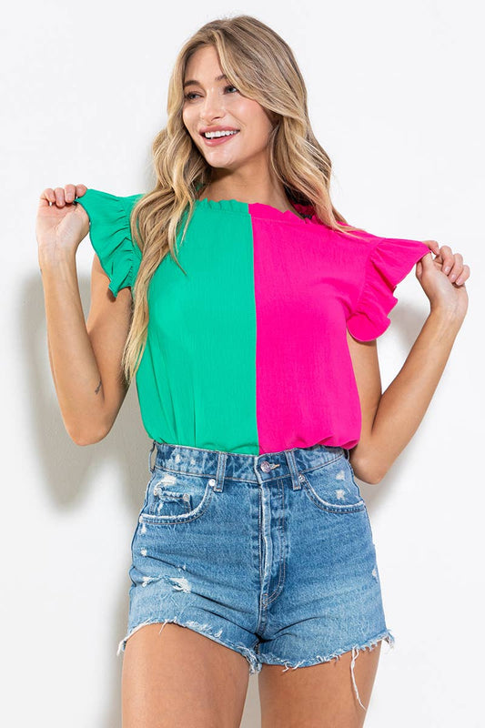 Game Day Ruffle Sleeveless Woven Blouse Top- Green/Pink