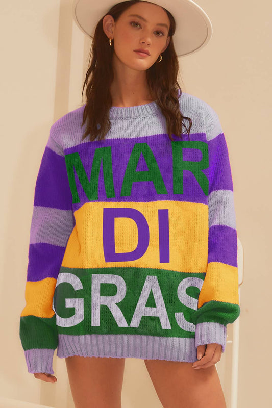 Mardi Gras Stripe Color Block Sweater- Purple Multi