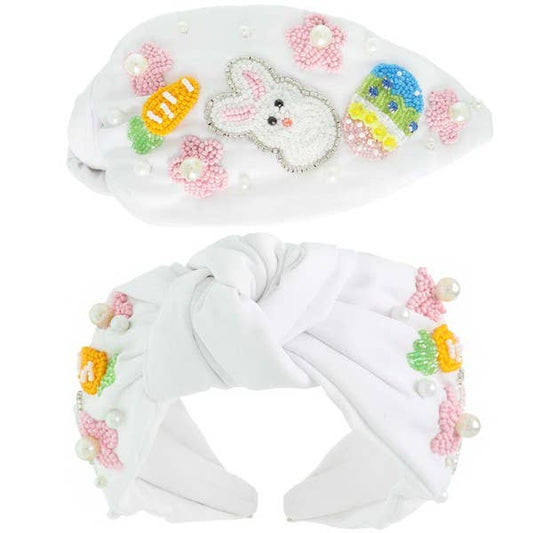 Floral Bunny and Egg Jeweled Beaded Headband- White