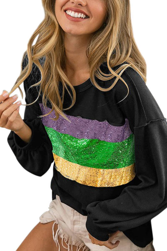 Mardi Gras Theme Sequins Color Block Top- Black