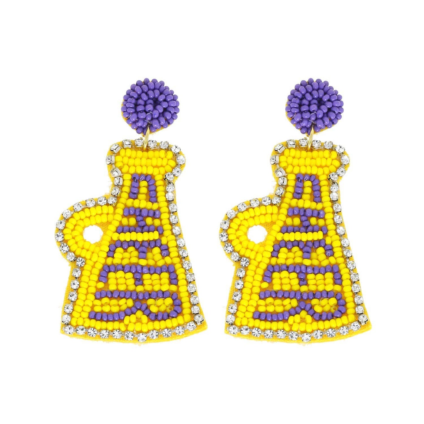 Jeweled Trim Beaded Cheer Megaphone Dangle Earrings - Yellow & Purple