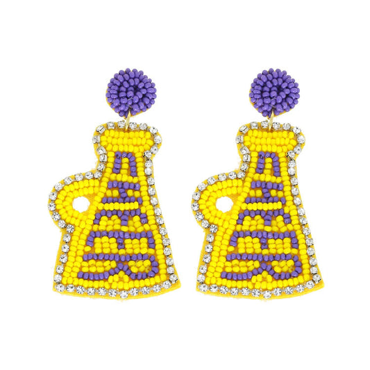 Jeweled Trim Beaded Cheer Megaphone Dangle Earrings - Yellow & Purple