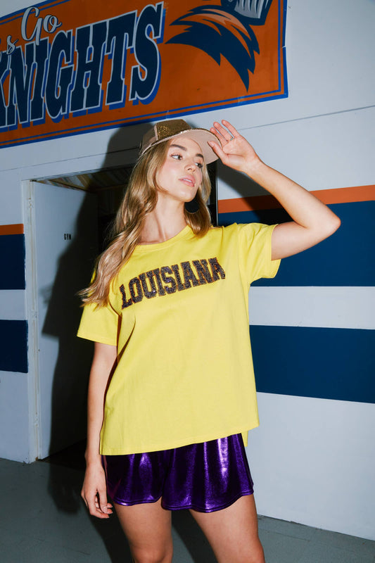 Game Day Sequin Louisiana T-Shirt - Gold/Purple