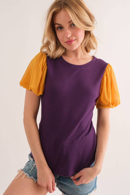 Game Day Contrast Short Sleeve Top Purple/ Gold