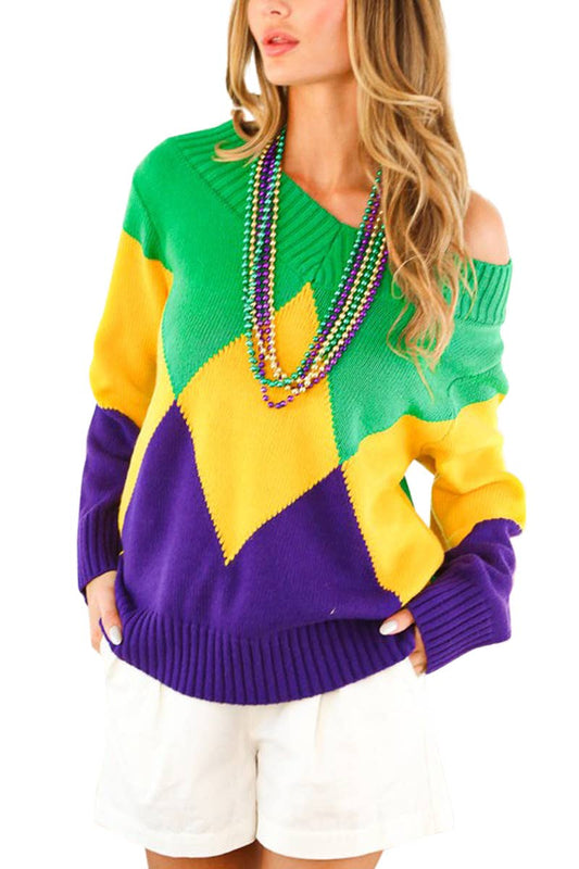 Mardi Gras Diamond Block Sweater Top