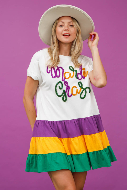 Color Block Mardi Gras Mini Dress - White Combo