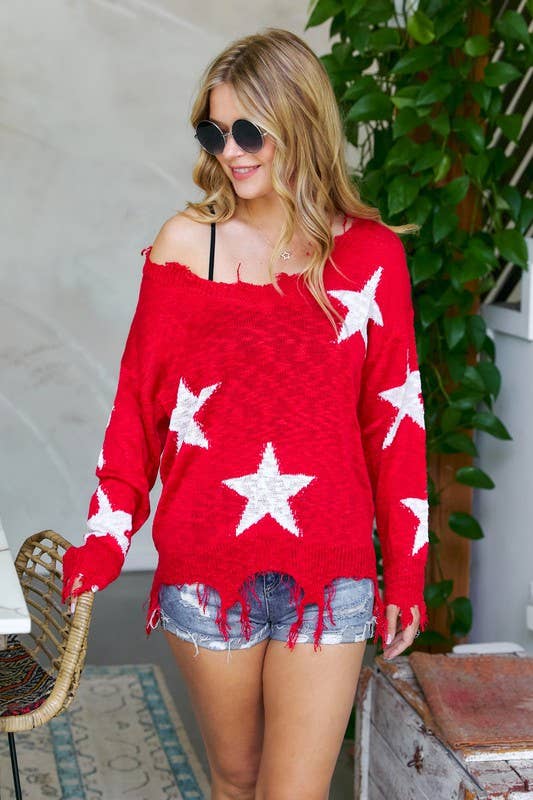 STAR PRINTED KNIT DISTRESSED DETAILED LIGHTWEIGHT SWEATER