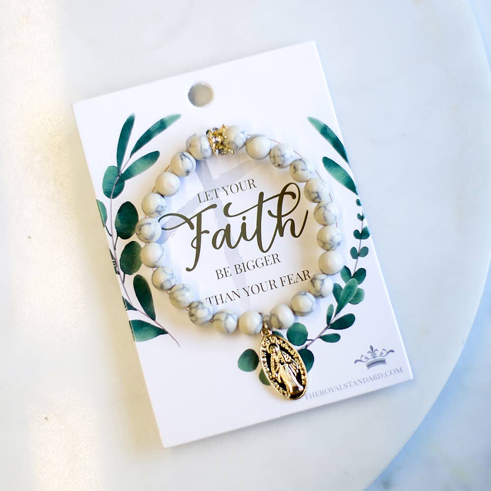 Faith Over Fear Bracelet   White Howlite/Gold   7"