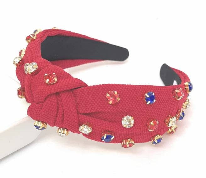 Patriotic Red, White, and Blue Jeweled Top Knot Red Headband