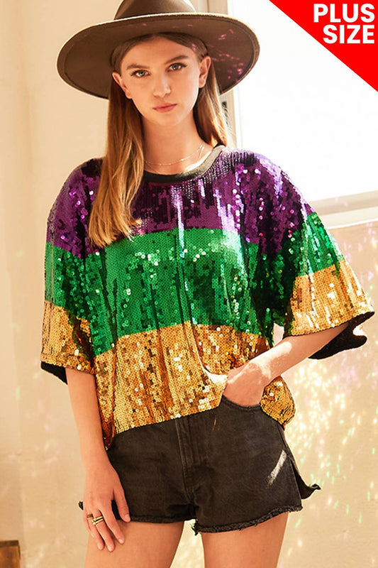 Mardi grass Color block Sequin Crop Top