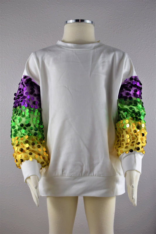 Mardi Gras Sequined Sleeve Sweatshirt Toddler & Youth- White