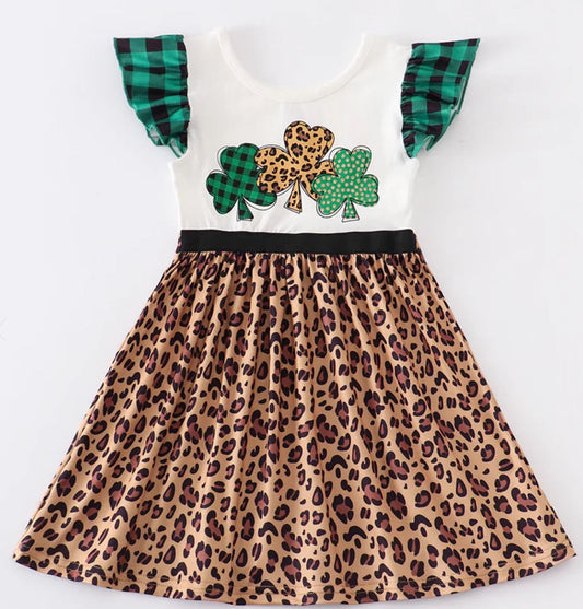 Leopard Clover Ruffle Girls Dress