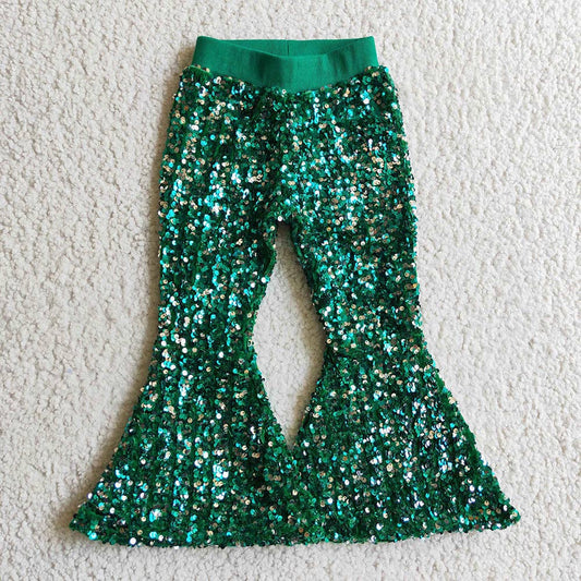 Girls Green Sequin Bell Bottom Pants