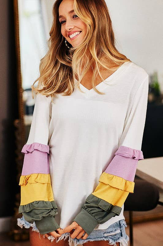 French Terry V Neck Top With Color Block Sleeves - Ivory