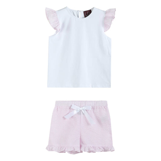 White and Pink Seersucker Baby Top and Shorts 2pc. Set