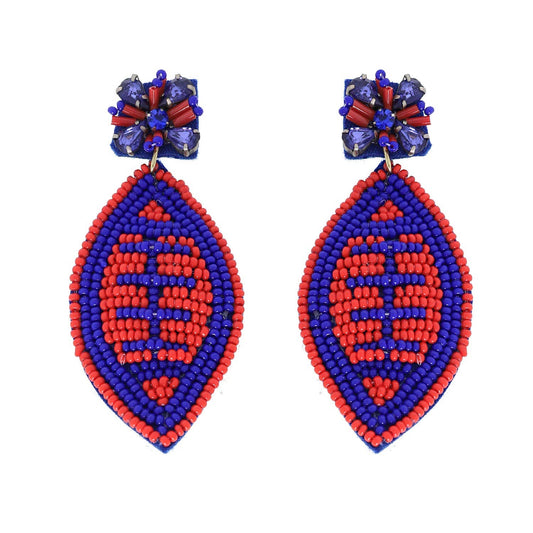 2 Tier Jeweled & Beaded Two Tone Football Dangle Earrings - Blue & Red