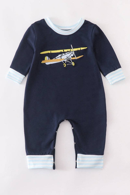 Navy plane applique baby boy romper